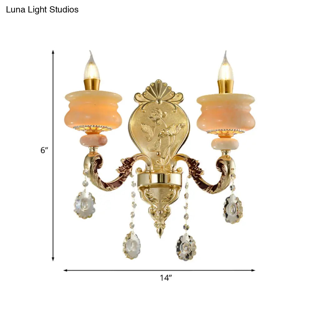 Traditional Gold Jade Candelabra Wall Lamp With Crystal Drop - Mounted Light Fixture