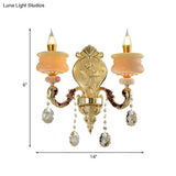 Traditional Gold Jade Candelabra Wall Lamp With Crystal Drop - Mounted Light Fixture