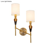 Traditional Gold Metal Wall Sconce Light With Fabric Shade - Cylinder Design