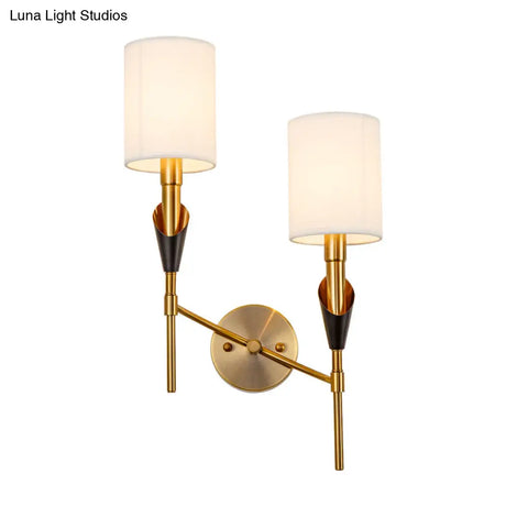Traditional Gold Metal Wall Sconce Light With Fabric Shade - Cylinder Design