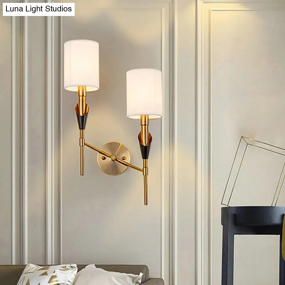 Traditional Gold Metal Wall Sconce Light With Fabric Shade - Cylinder Design