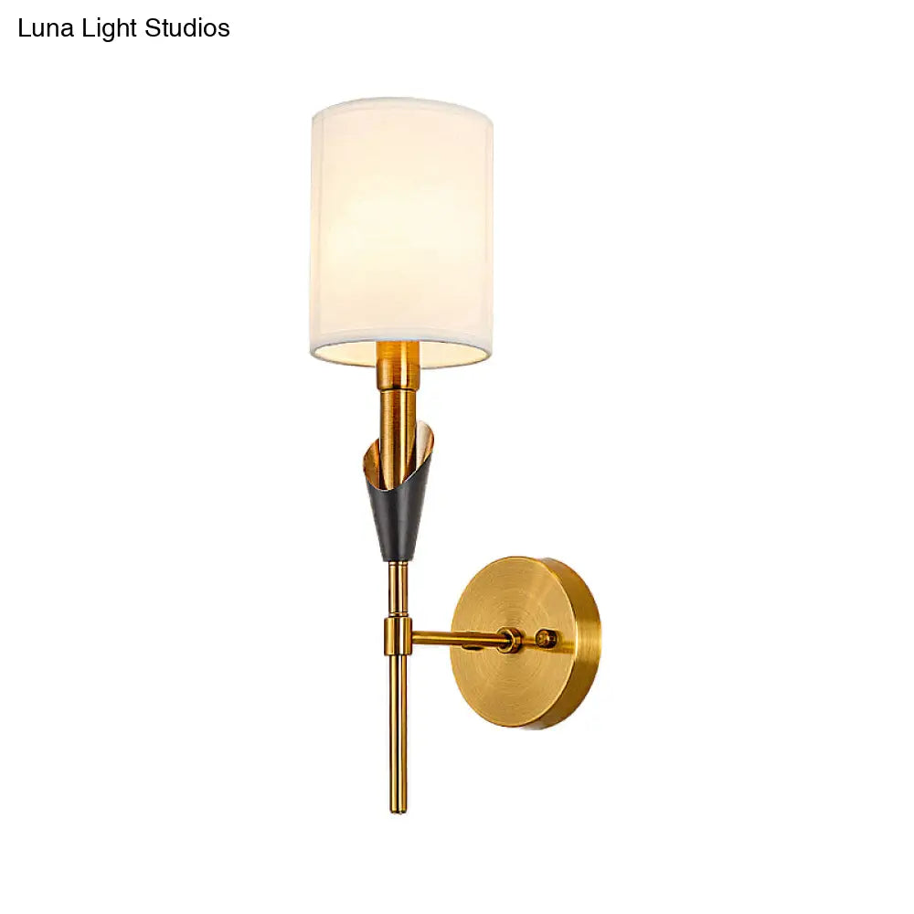 Traditional Gold Metal Wall Sconce Light With Fabric Shade - Cylinder Design