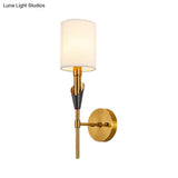 Traditional Gold Metal Wall Sconce Light With Fabric Shade - Cylinder Design