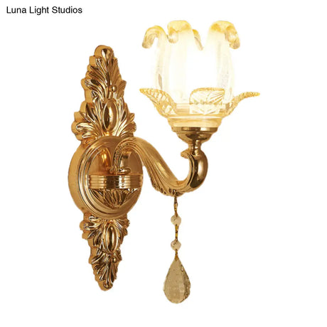 Traditional Gold Sconce Light With Frosted Glass Floral Design - Ideal For Living Room Wall Lighting
