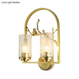 Traditional Gold Wall Sconce With Bird Deco - Cylindrical Metal Fixture
