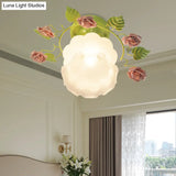 Traditional Green Rose Ceiling Light For Living Room - Sandblasted Glass Semi Flush Fixture