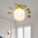 Traditional Green Rose Ceiling Light For Living Room - Sandblasted Glass Semi Flush Fixture