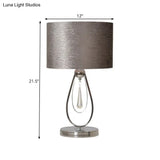 Traditional Grey Fabric Drum Desk Lamp With Metal Base - Ideal For Bedroom Reading