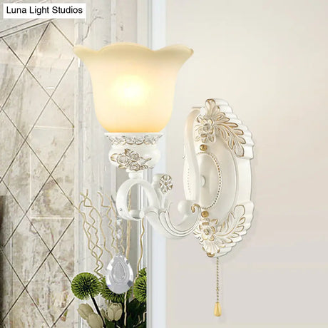 Traditional Ivory Glass Wall Sconce Light Fixture - White Scalloped Design Ideal For Dining Rooms
