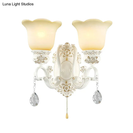 Traditional Ivory Glass Wall Sconce Light Fixture - White Scalloped Design Ideal For Dining Rooms