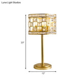 Traditional K9 Crystal Drum Table Lamp With Gold Hollowed Out Design - 3-Light Nightstand Light For