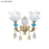 Traditional Layered Flower Wall Light Kit - Gold-Blue Clear Crystal 1/2-Head Lighting
