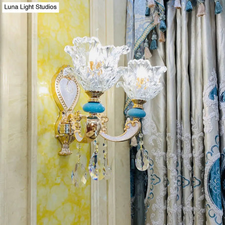 Traditional Layered Flower Wall Light Kit - Gold-Blue Clear Crystal 1/2-Head Lighting