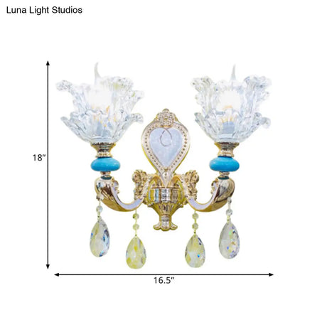 Traditional Layered Flower Wall Light Kit - Gold-Blue Clear Crystal 1/2-Head Lighting
