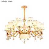 Traditional Living Room Chandelier With Crystal Draping - White Glass Bud Ceiling Lighting