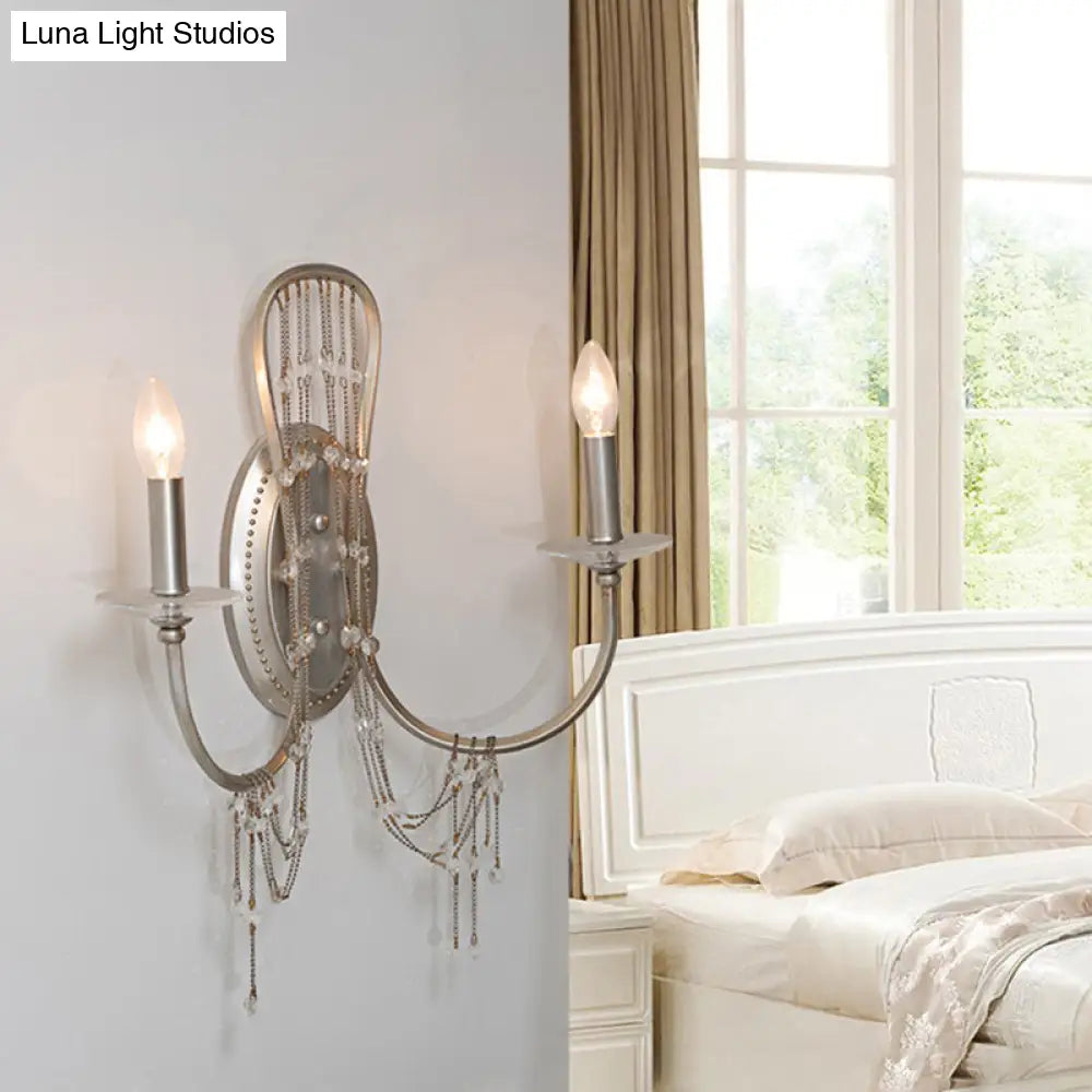 Traditional Metal Bedroom Wall Light With Crystal Drop- 2-Light Open Bulb Sconce - Chrome Finish