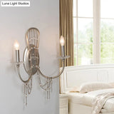 Traditional Metal Bedroom Wall Light With Crystal Drop- 2-Light Open Bulb Sconce - Chrome Finish