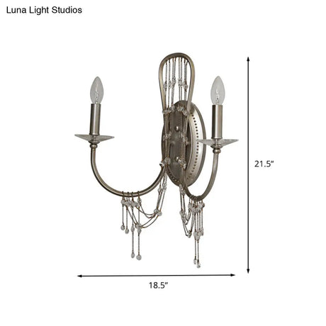 Traditional Metal Bedroom Wall Light With Crystal Drop- 2-Light Open Bulb Sconce - Chrome Finish