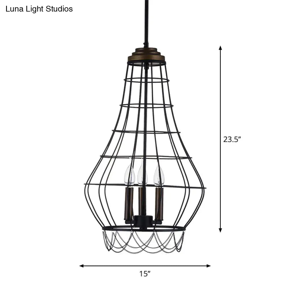 Traditional Metal Candle Chandelier - 3-Light Pendant Light With Cage For Living Room