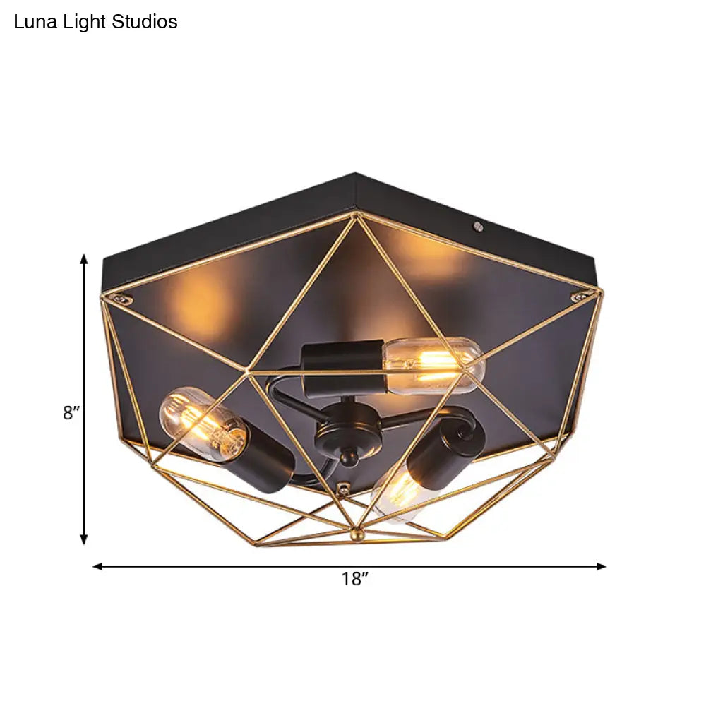 Traditional Metal Prism Cage Foyer Ceiling Light – Black Flush Mount Fixture With 3 Heads