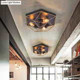 Traditional Metal Prism Cage Foyer Ceiling Light – Black Flush Mount Fixture With 3 Heads