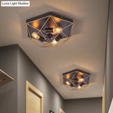 Traditional Metal Prism Cage Foyer Ceiling Light – Black Flush Mount Fixture With 3 Heads