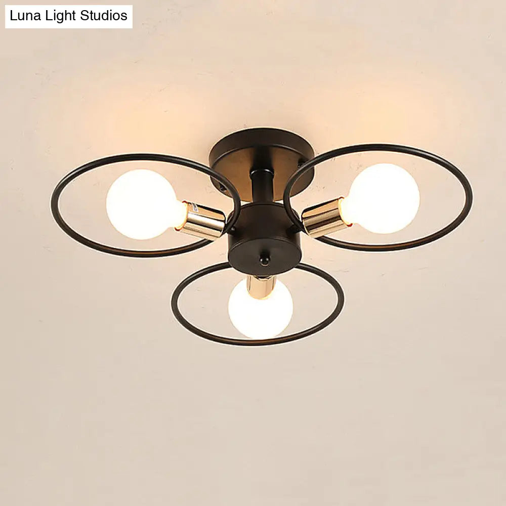 Traditional Metal Semi-Mount Ceiling Light Fixture Ring Bedroom Lighting 3/6/9 Lights Black
