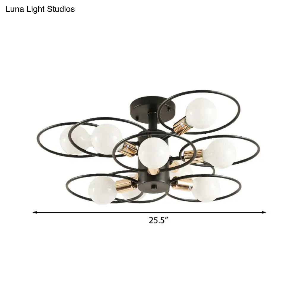 Traditional Metal Semi-Mount Ceiling Light Fixture Ring Bedroom Lighting 3/6/9 Lights Black