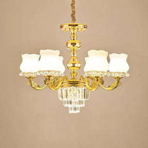 Traditional Opal Glass Gold Chandelier With Crystal Deco - Flower Restaurant Hanging Light Fixture 6