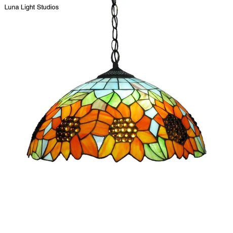 Traditional Pendant Light Fixture With Orange Stained Glass Shade