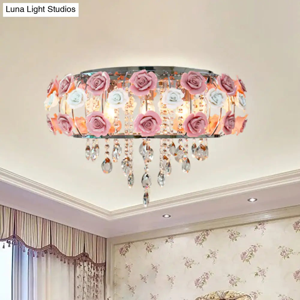Traditional Pink Crystal Ceiling Mounted Drum Fixture - 6/8 Bulbs Flush Mount Lamp For Living Room