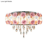 Traditional Pink Crystal Ceiling Mounted Drum Fixture - 6/8 Bulbs Flush Mount Lamp For Living Room