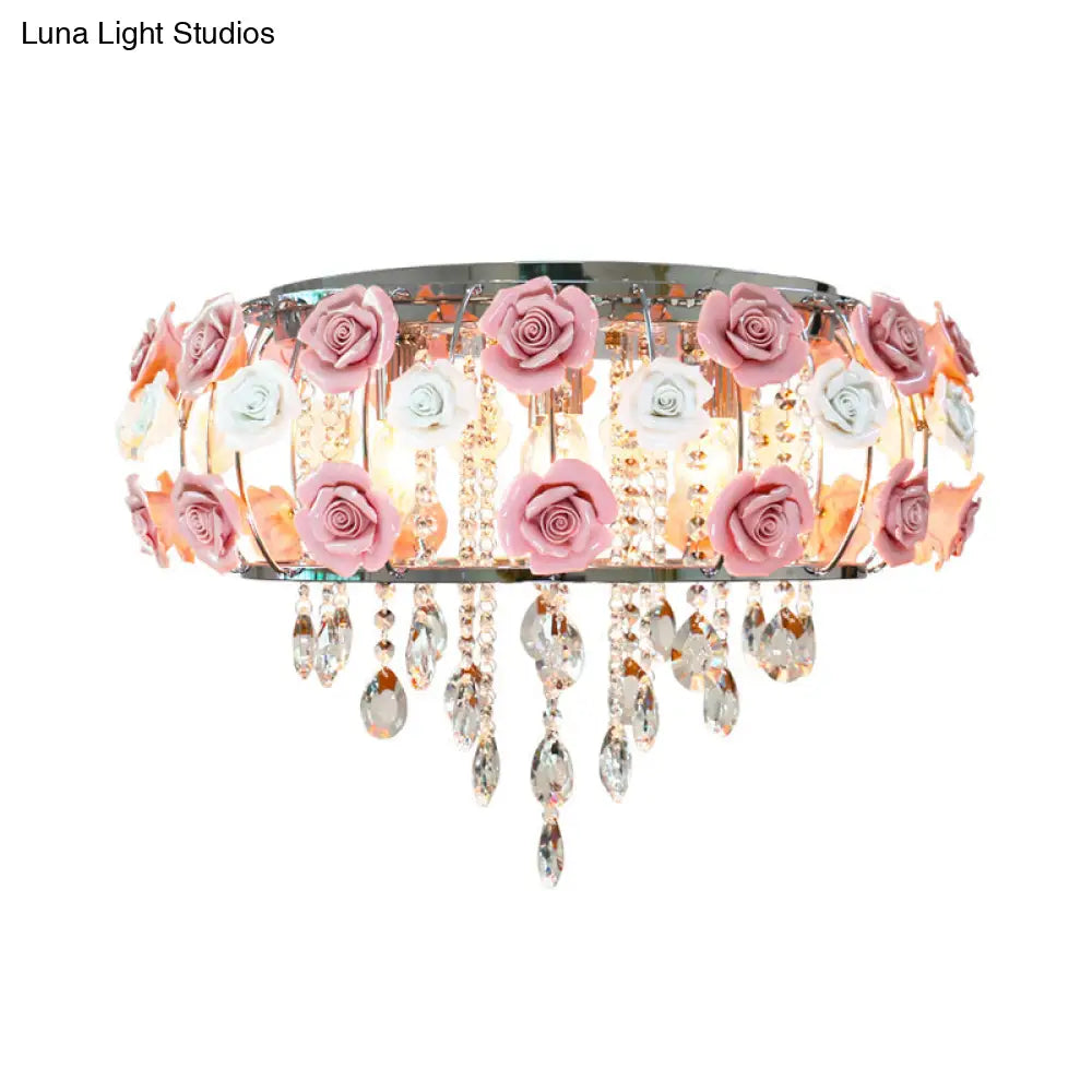 Traditional Pink Crystal Ceiling Mounted Drum Fixture - 6/8 Bulbs Flush Mount Lamp For Living Room