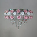 Traditional Pink Crystal Ceiling Mounted Drum Fixture - 6/8 Bulbs Flush Mount Lamp For Living Room