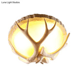Traditional Resin 3 - Light Brown Ceiling Light Fixture With Antler Deco - Dome Shaped Flush Mount