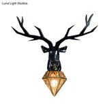 Traditional Resin Deer Wall Light With Diamond Metal Shade - 1 Sconce In White/Black 14.5/19.5 Wide