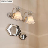 Traditional Ribbed Opal Glass Vanity Fixture With Arched Arm - Light Brown 2/3-Head Wall Sconce