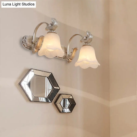 Traditional Ribbed Opal Glass Vanity Fixture With Arched Arm - Light Brown 2/3-Head Wall Sconce