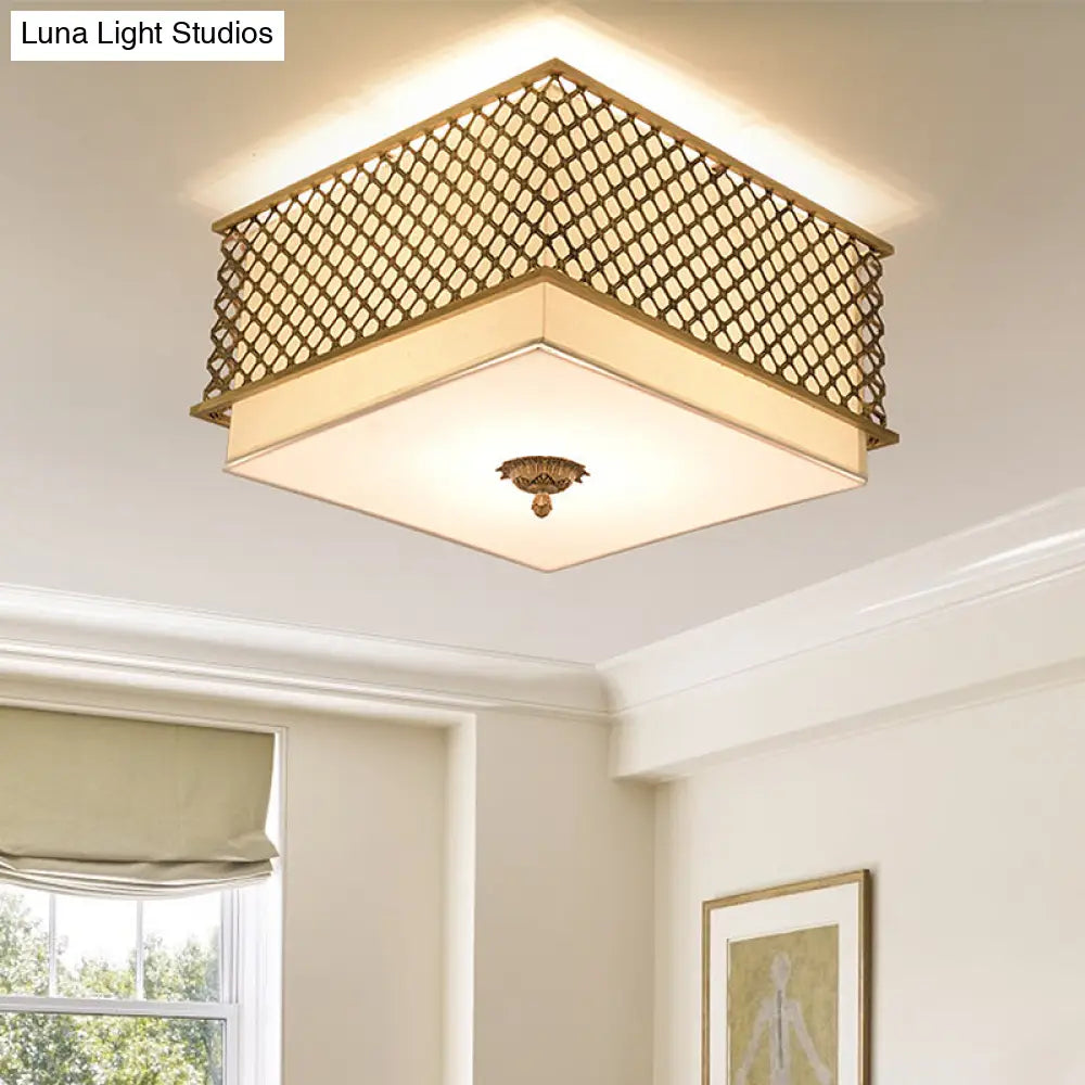 Traditional Square Metal Flushmount Lighting In Brass For Bedroom - 5 Lights 16’/19.5’ Wide