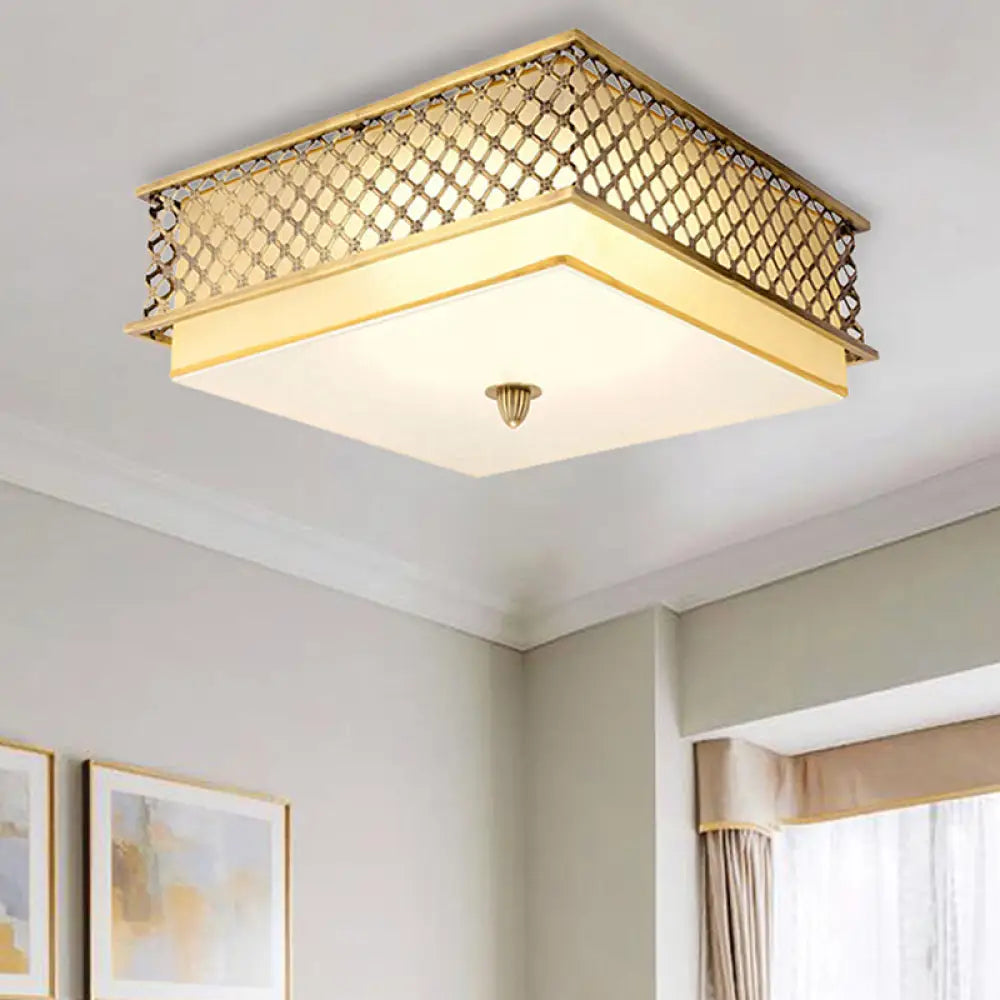 Traditional Square Metal Flushmount Lighting In Brass For Bedroom - 5 Lights 16’/19.5’ Wide / 19.5’