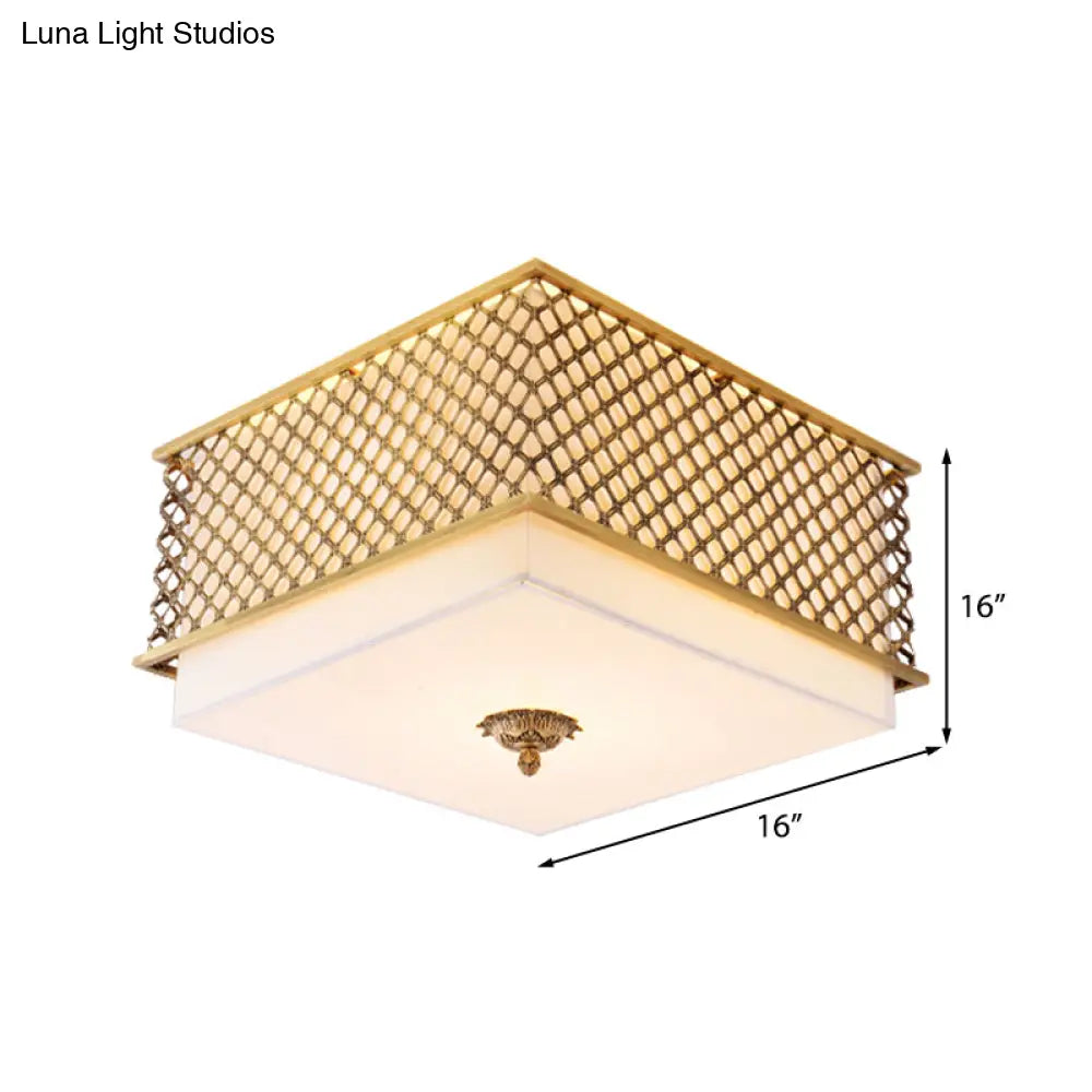 Traditional Square Metal Flushmount Lighting In Brass For Bedroom - 5 Lights 16’/19.5’ Wide