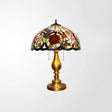 Traditional Stained Glass Dome Nightstand Lamp With 3 Heads Brass Pull Chain Floral And Bird Pattern