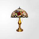 Traditional Stained Glass Dome Nightstand Lamp With 3 Heads Brass Pull Chain Floral And Bird Pattern