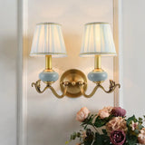 Traditional Style Brass Wall Sconce With Curved Arm Fabric Shade 2 /