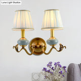 Traditional Style Brass Wall Sconce With Curved Arm Fabric Shade