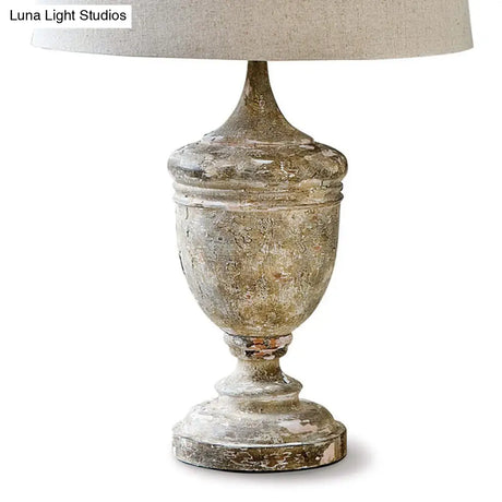 Traditional Style Distressed White Fabric Night Lamp With Font Base 1-Bulb Drum Table Lighting
