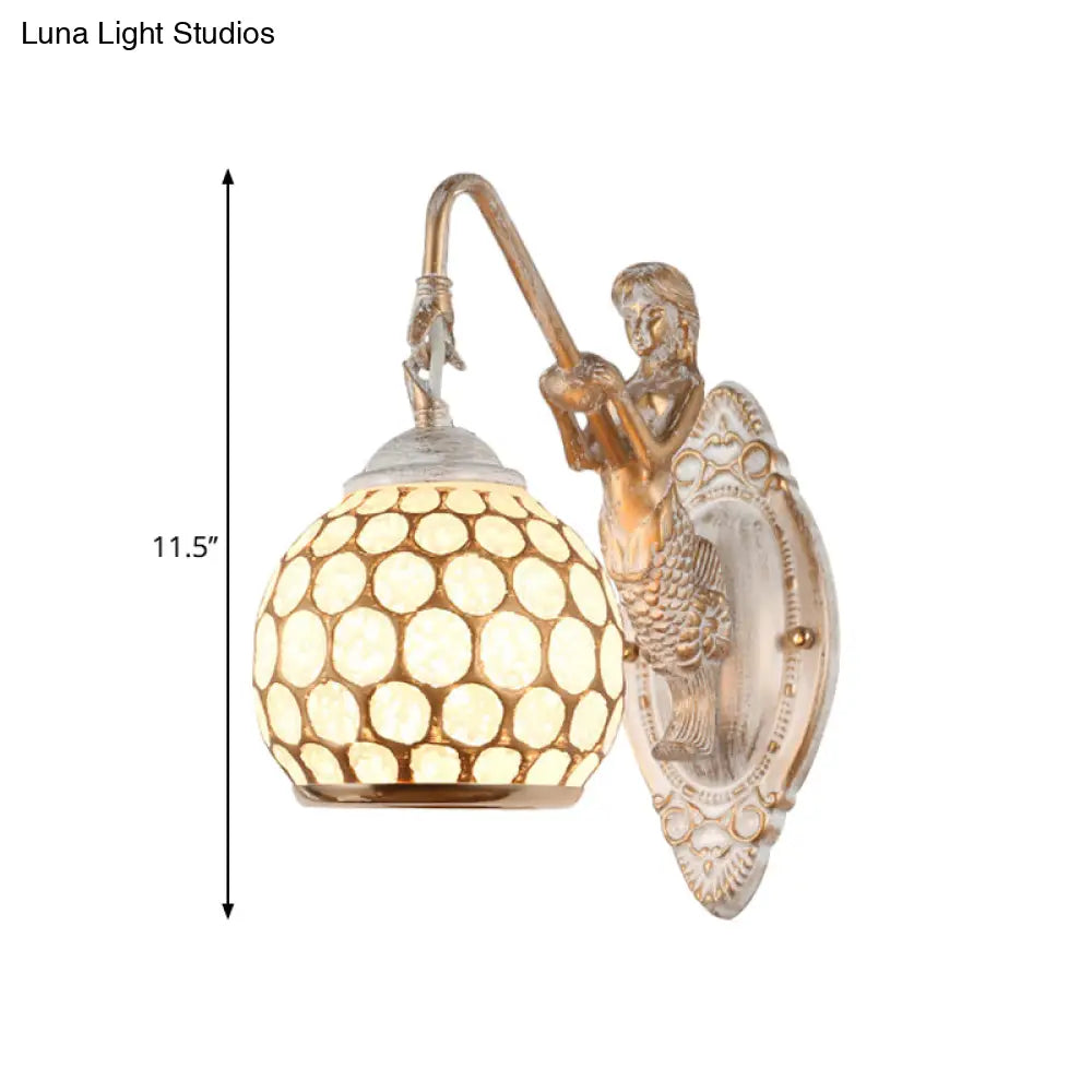 Traditional Style Metal Wall Sconce Light With Resin Mermaid Backplate Sphere Design For Bedroom