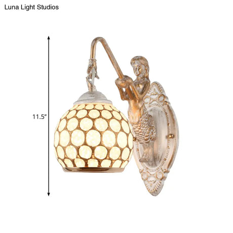 Traditional Style Metal Wall Sconce Light With Resin Mermaid Backplate Sphere Design For Bedroom