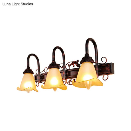 Traditional Style Red Brown Flower Vanity Sconce Light With Amber Glass Shade - 2/3 Bulbs