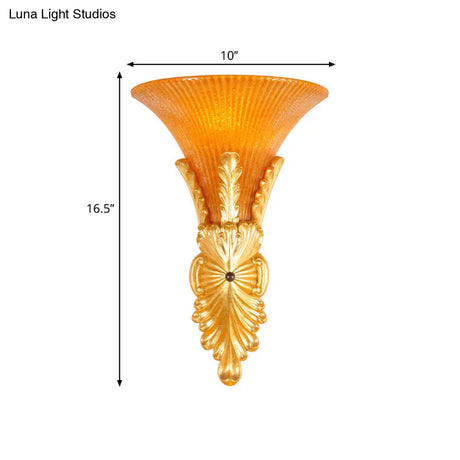 Traditional Style Yellow Glass Bell Wall Mount Sconce - 1 Light Corridor Lighting In Bronze/Gold